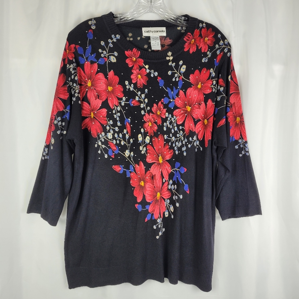 Cathy Daniels Women Black Red Floral Rhinestone 3/4 Sleeve Sweater Plus Size 1X